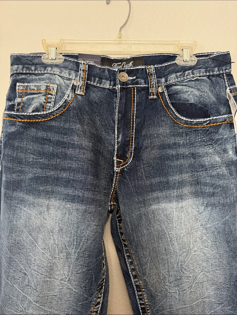 True Luck Men's Straight Jeans in Distressed Dark Blue - Classic Fit 34/32